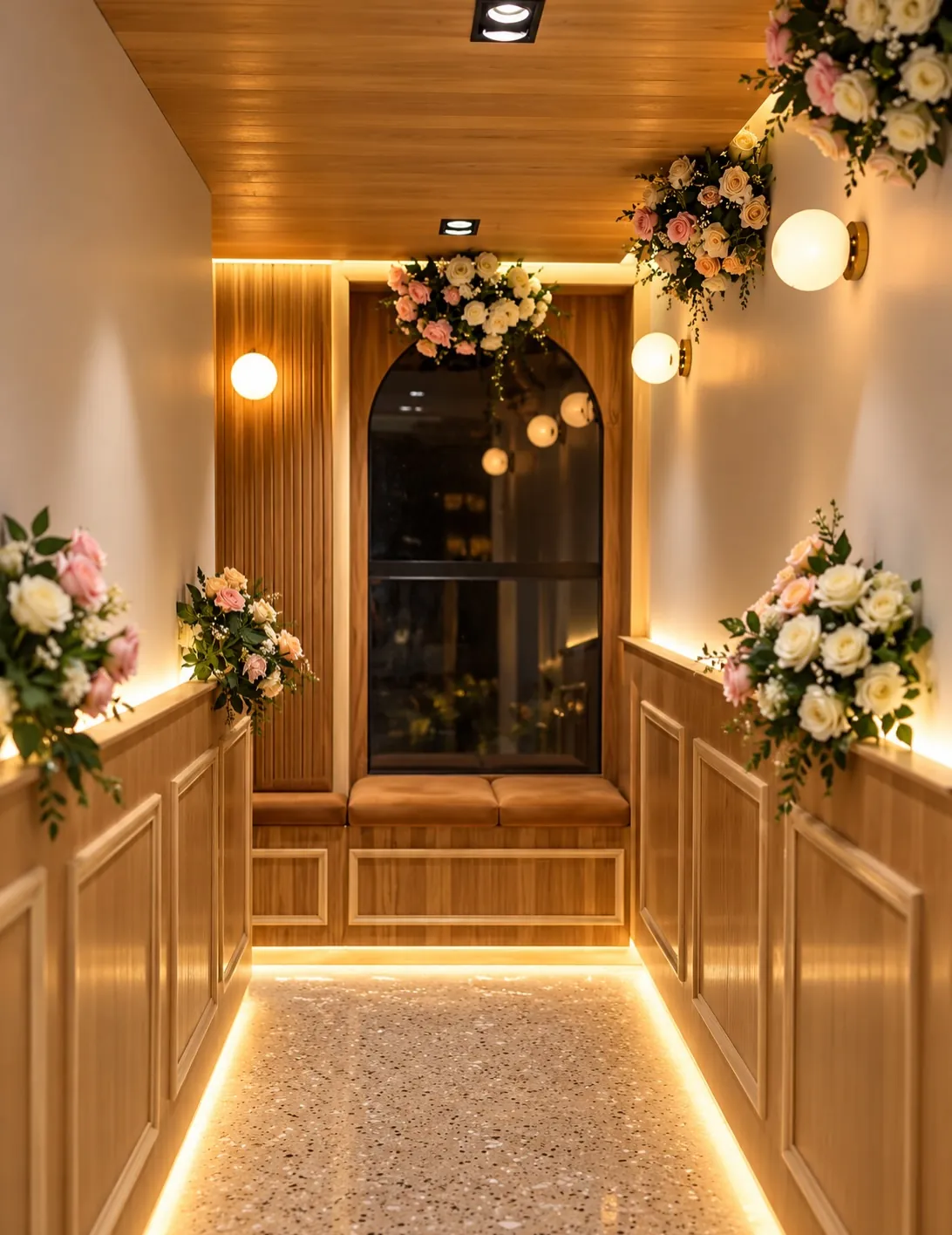 The walnut corridor at EVESSE North Nazimabad, lit by floor LED lines and ending in an arched window