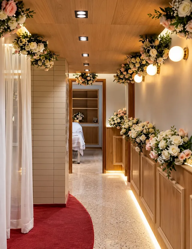 The walnut corridor: Floor lights walk you from reception to the treatment rooms.