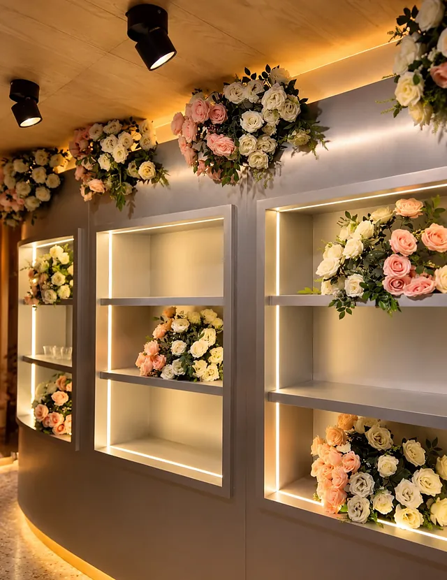 Lit shelves: Every corner finished with the same warm light.