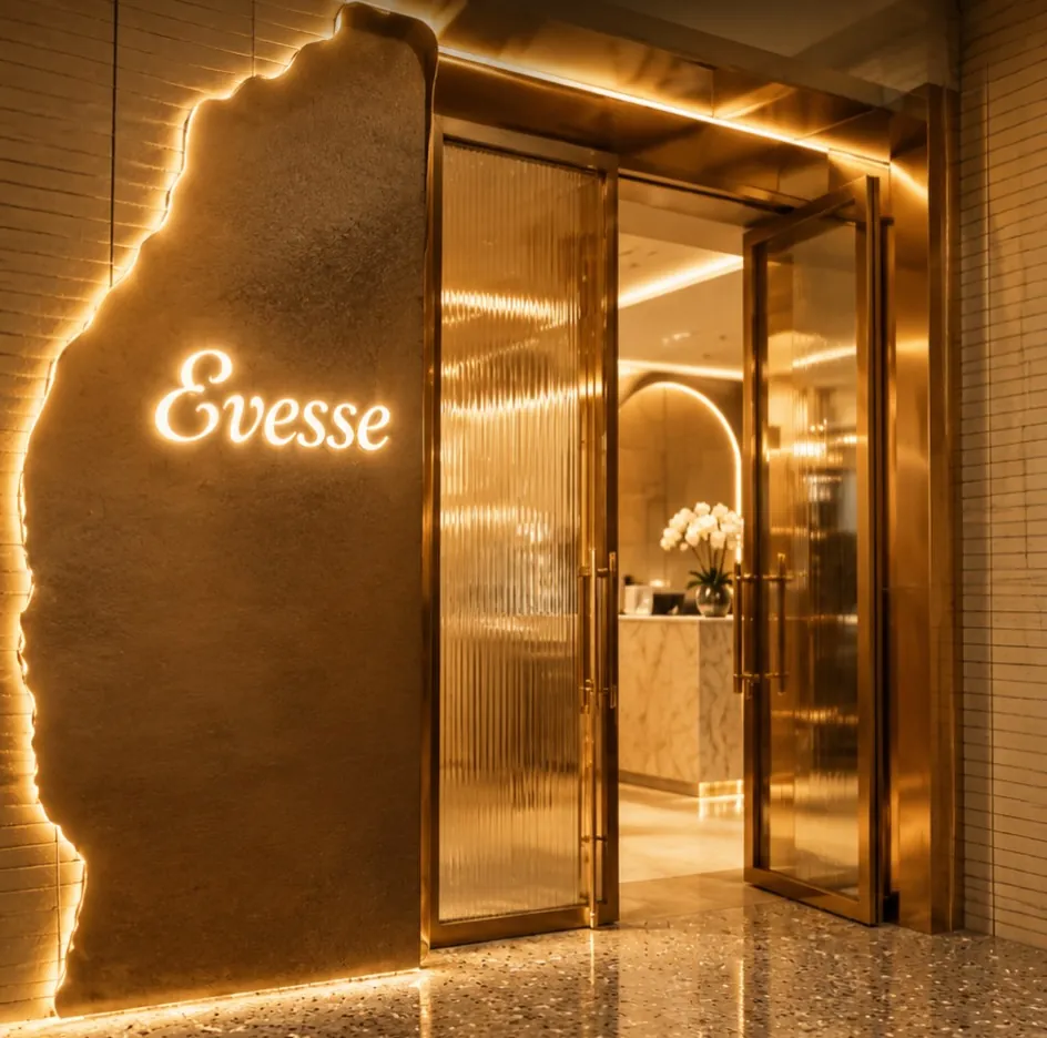 The glowing EVESSE entrance at Five Star, North Nazimabad